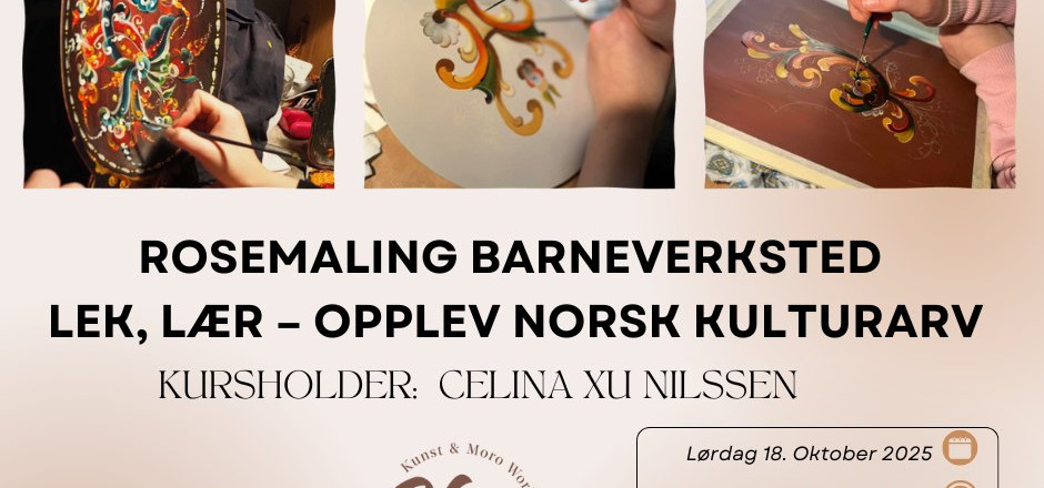 Plakat for barneverkstad i rosemaling. Det er òg bilete av rosemaling på plakaten.