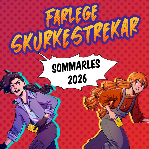 "Farlege skurkestrekar" Sommarles 2026. Astrid og Asbjørn teikna av illustratør Cha Sandmæl.